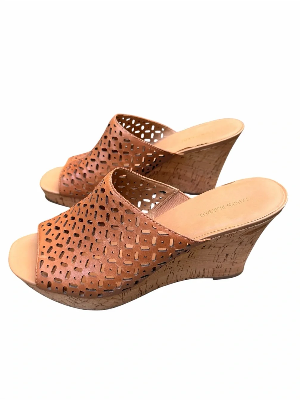 Lauren Blakwell Women’s 11 Tan Ilene Perforated Cork Wedge Slide Sandals Boho